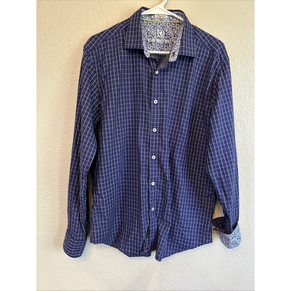 Bugatchi Shaped Fit Long Sleeve Button Up Shirt Mens Size Large Blue Flip Cuff